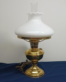BRASS ELECTRIFIED OIL LAMP W MILK GLASS SHADE