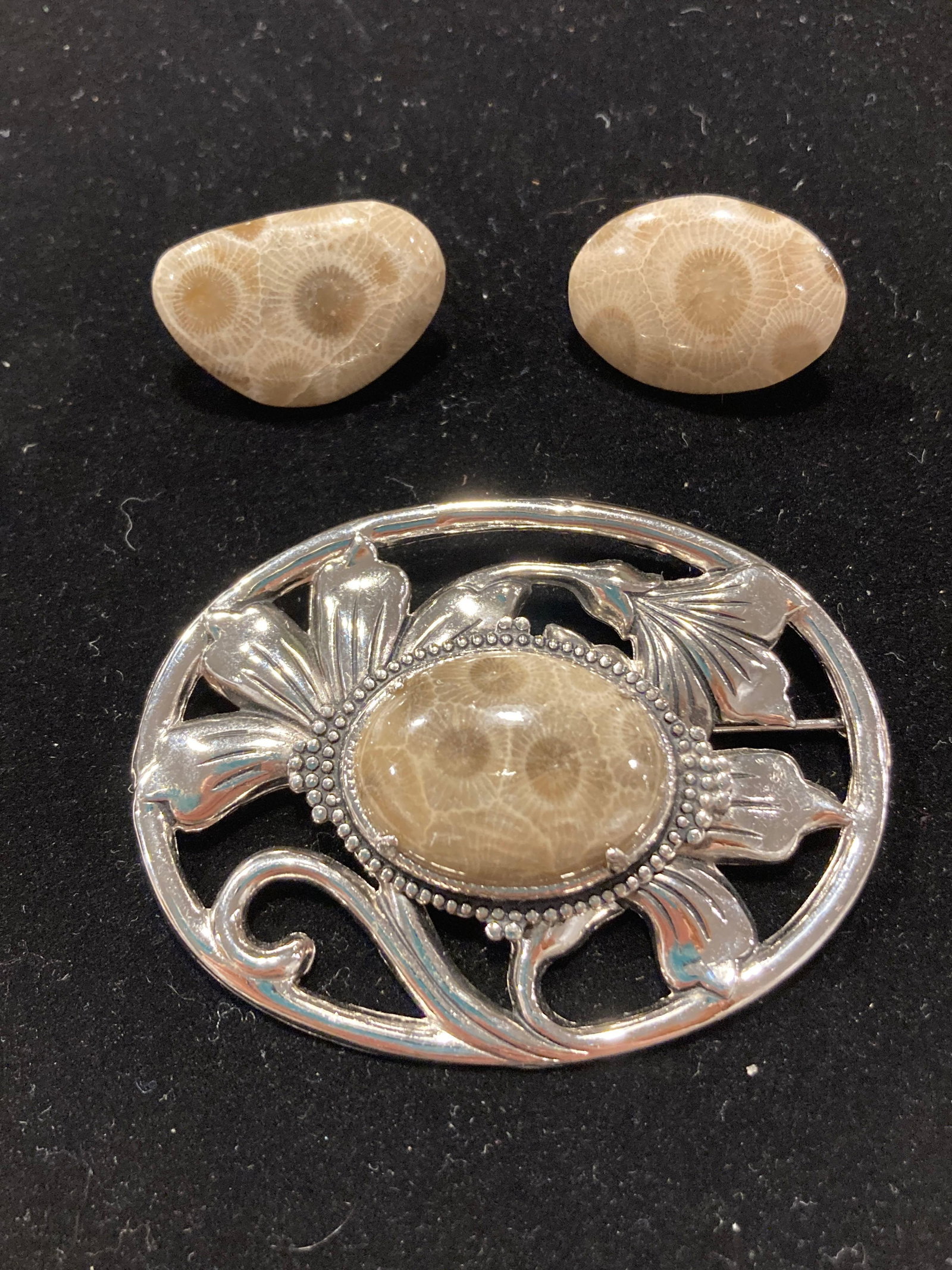 PETOSKEY STONE EARRINGS AND PIN SET: NATURAL MICHIGAN FOUND STONES.