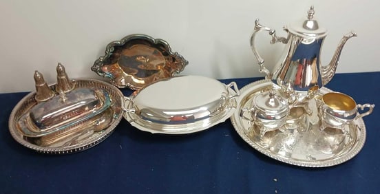 SILVER PLATED TEA SET AND TRAYS