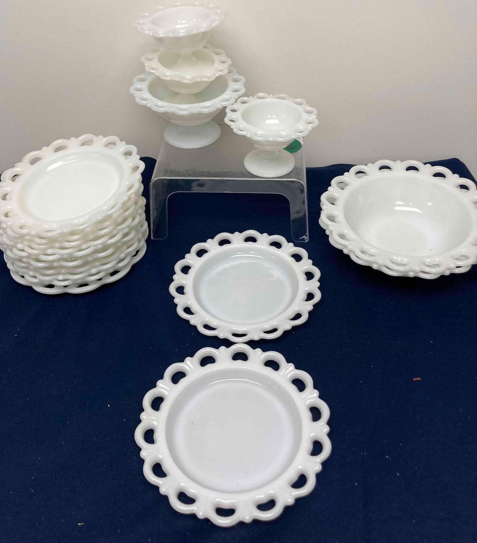 LACE EDGE MILK GLASS: INCKCUES 12 PLATES 4 COMPOTES AND 2 SERVING BOWLS