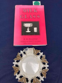 AMERICAN EAGLE AND FLAG MILK GLASS PLATE AND MILK GLASS BOOK