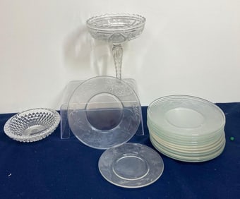 ETCHED GLASS PLATES, ASH TRAY, AND CRYSTAL CUT GLASS DISH