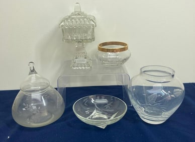 ETCHED GLASS COMPOTES AND CUT GLASS DISH