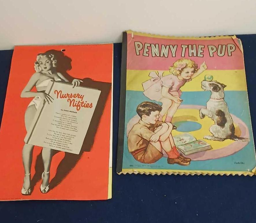 SHIRLEY TEMPLE BOOK AND 1949 PIN UP CALENDAR: NURSERY NIFTIES, CALENDAR EACH PAGE FEATURES A DIFFERENT PICTURE. SHIRLEY TEMPLE CLOTHLIKE PENNY THE PUP BOOK COPYRIGHT 1943