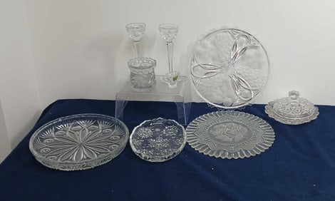 BRILLIANT CUT GLASS SERVING DISHES AND CANDLE STICKS