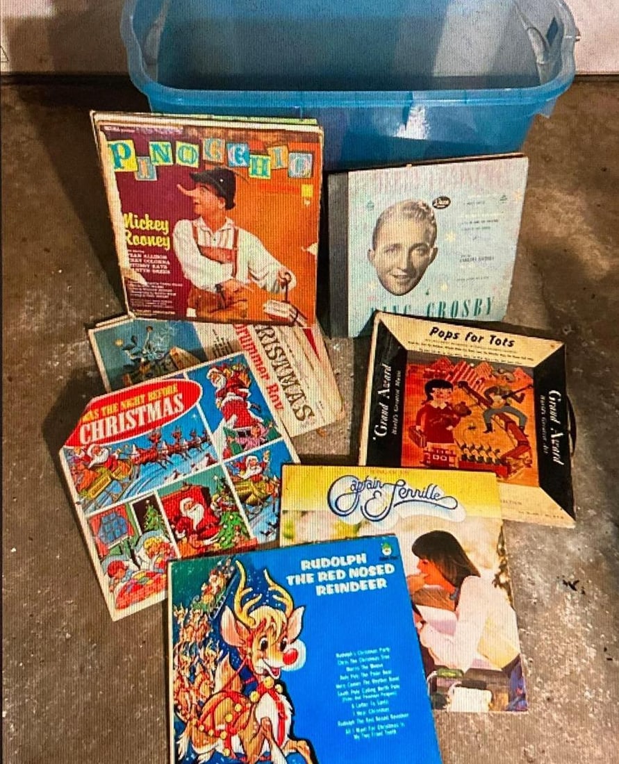CHRISTMAS, DISNEY, AND BIG BAND RECORDS: MANY DIFFERENT VARIETIES OF MUSIC INCLUDING CHILDRENS, CHRISTMAS, BING CROSBY, WALTZ, SOME 45S INCLUDED