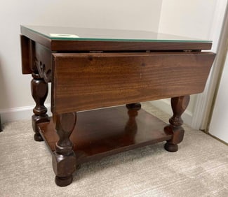 DROP LEAF END TABLE W CUSTOM GLASS TOP