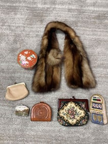 BEADED AND VINTAGE HANDBAGS, MINK STOLL, AND TRINKET DISH
