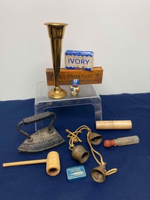 SAD IRON AND BRASS BELLS CORNCOB PIPE AND MORE