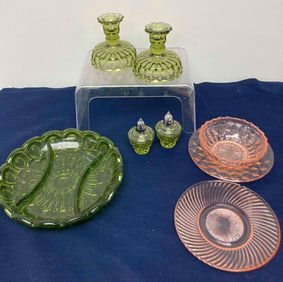 GREEN AND PINK GLASSWARE