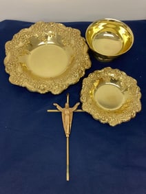 BALDWIN BRASS SERVING DISHES, BOWL AND BRASS CRUCIFIX