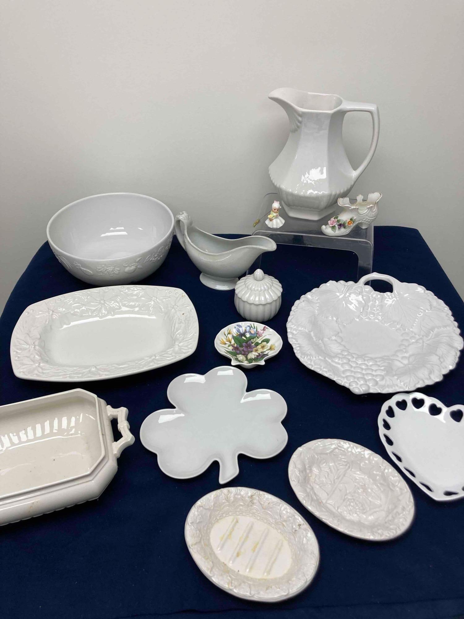 IRONSTONE AND FARMHOUSE WHITE DISHES: INCLUDES IRONSTONE CROWNFORD SIGNED PITCHER, FRENCH SERVING WARE WEDGWOOD GRAVY BOAT, AN MORE