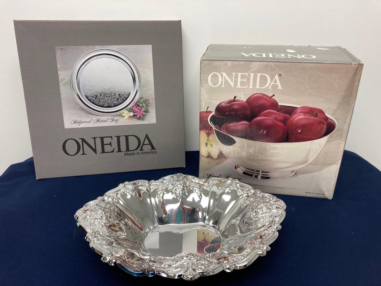 ONEIDA SERVING DISHES: ALL IN ORIGINAL PACKING. RIDGEWOOD ROUND TRAY, PAUL REVERE BOWL, AND FLORAL DISH
