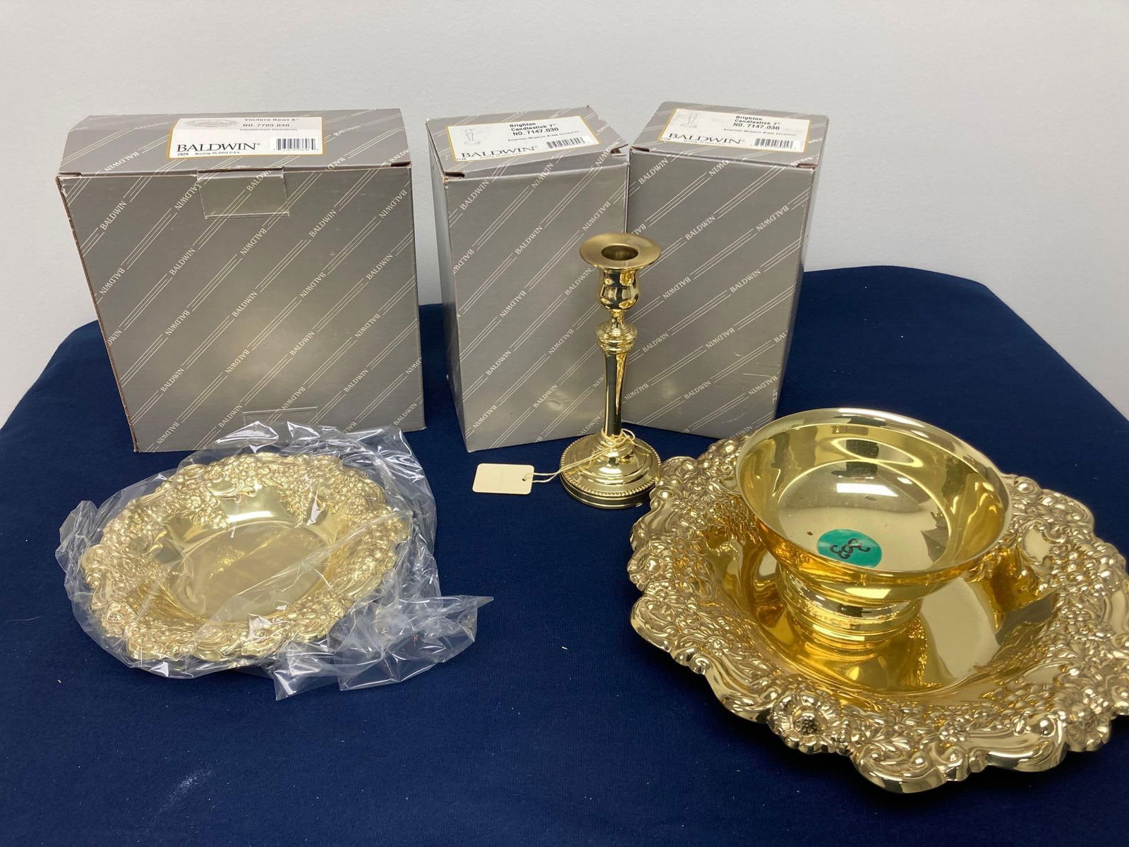 BALDWIN BRASS BOWLS AND CANDLESTICKS: ALL IN ORIGINAL PACKAGING