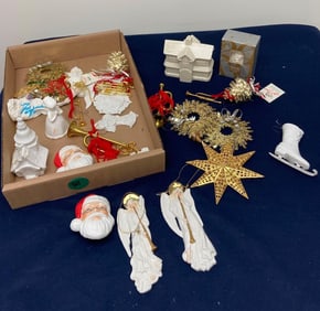 BRASS AND PORCELAIN CHRISTMAS ORNAMENTS