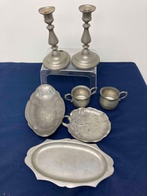 PEWTER CANDLESTICKS AND SERVING DISHES