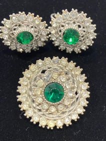 BOHEMIAN GREEN STONE EARRINGS AND BROOCH