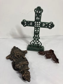 CAST IRON DOOR KNOCKER, CROSS, AND CORNER