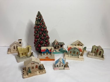 PUTZ HOUSES AND DECORATED BOTTLE BRUSH TREE
