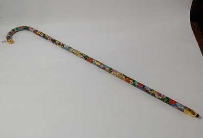 FLORAL ENAMEL AND BRASS LADIES CANE