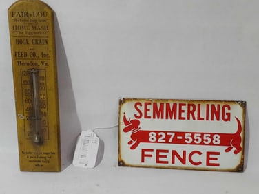 PORCELAIN FENCE TACKER SIGN AND WOODEN FEED THERMOMETER
