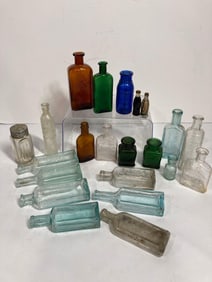 COBALT, GREEN, AMBER AND BLUE GLASS MEDICINE BOTTLES