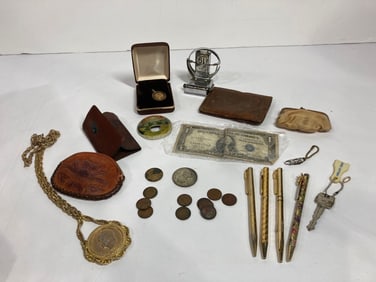 1935 BLUE SEAL, WHEAT PENNIES, COIN PURSES, TOKENS, DESK ITEMS AND SMALLS