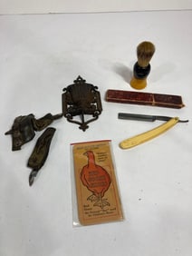 RED GOOSE SHOES, CORN SHUCKER, 1867 MATCH HOLDER, AND SHAVING BRUSH & RAZOR