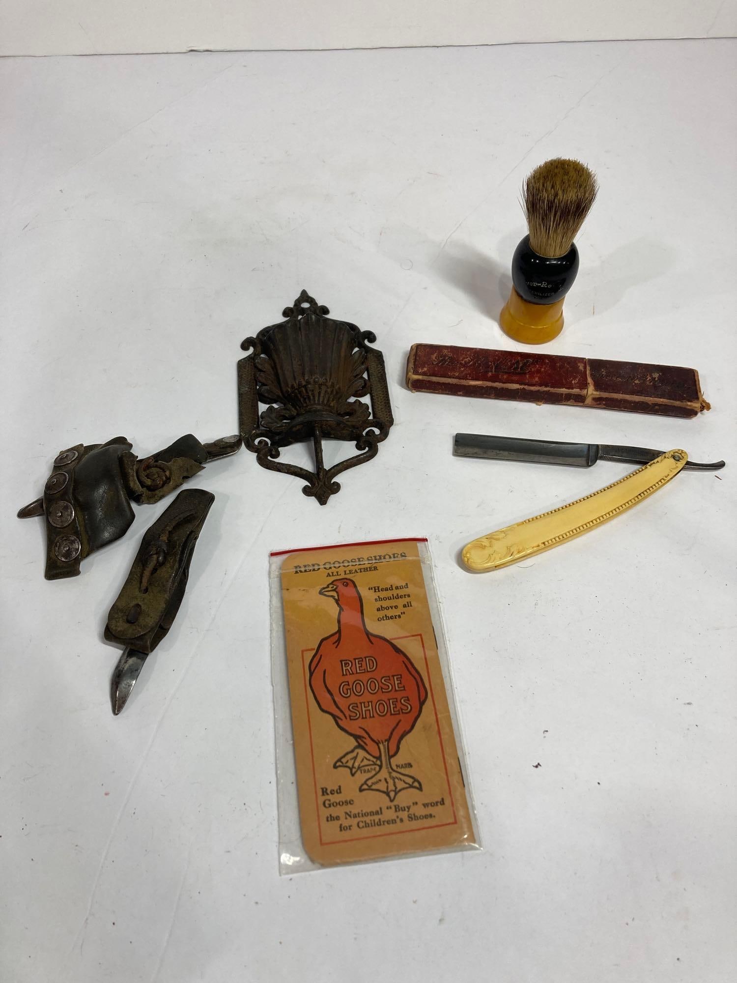RED GOOSE SHOES, CORN SHUCKER, 1867 MATCH HOLDER, AND SHAVING BRUSH & RAZOR (1 of 9)