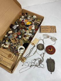 BUTTON, WIRE RIMMED GLASSES, JEWELRY, AND MORE
