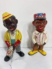 BOY WITH CHICKEN AND TAXI DRIVER CAST IRON BANKS