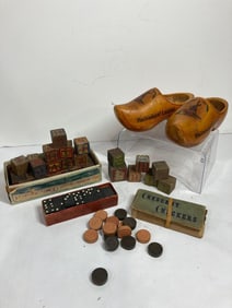 EARLY GAME BLOCKS AND DOMINOS AND HOLLAND WOODEN SHOES