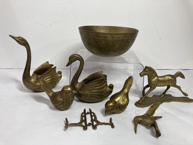 BRASS HORSE BIRDS, BOWL, AND MORE