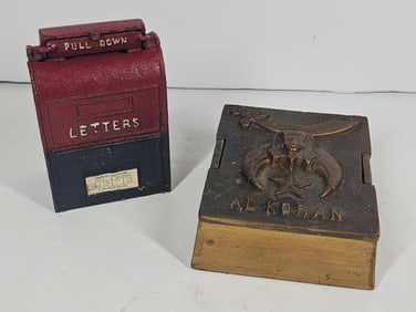 CAST IRON LETTERS BANK AND SHRINERS BRASS BOX