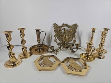 BRASS EAGLE AND OTHER CANDLE HOLDERS