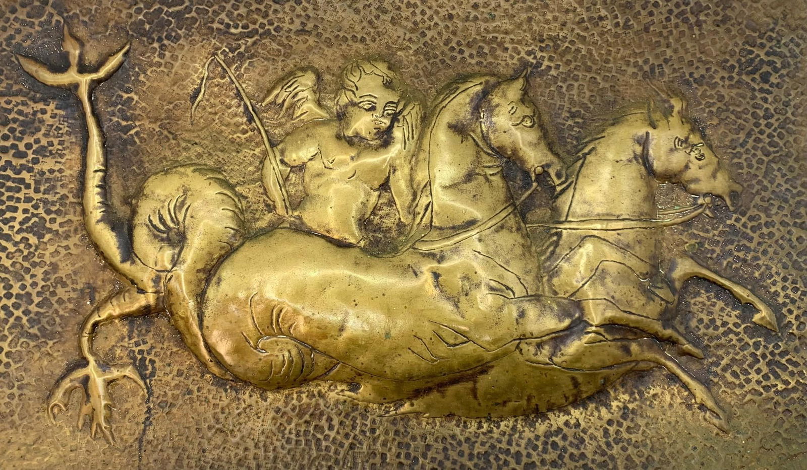Antique Repousse Hammered Brass Mythical Cherub and Dragon Horse Panel (1 of 3)