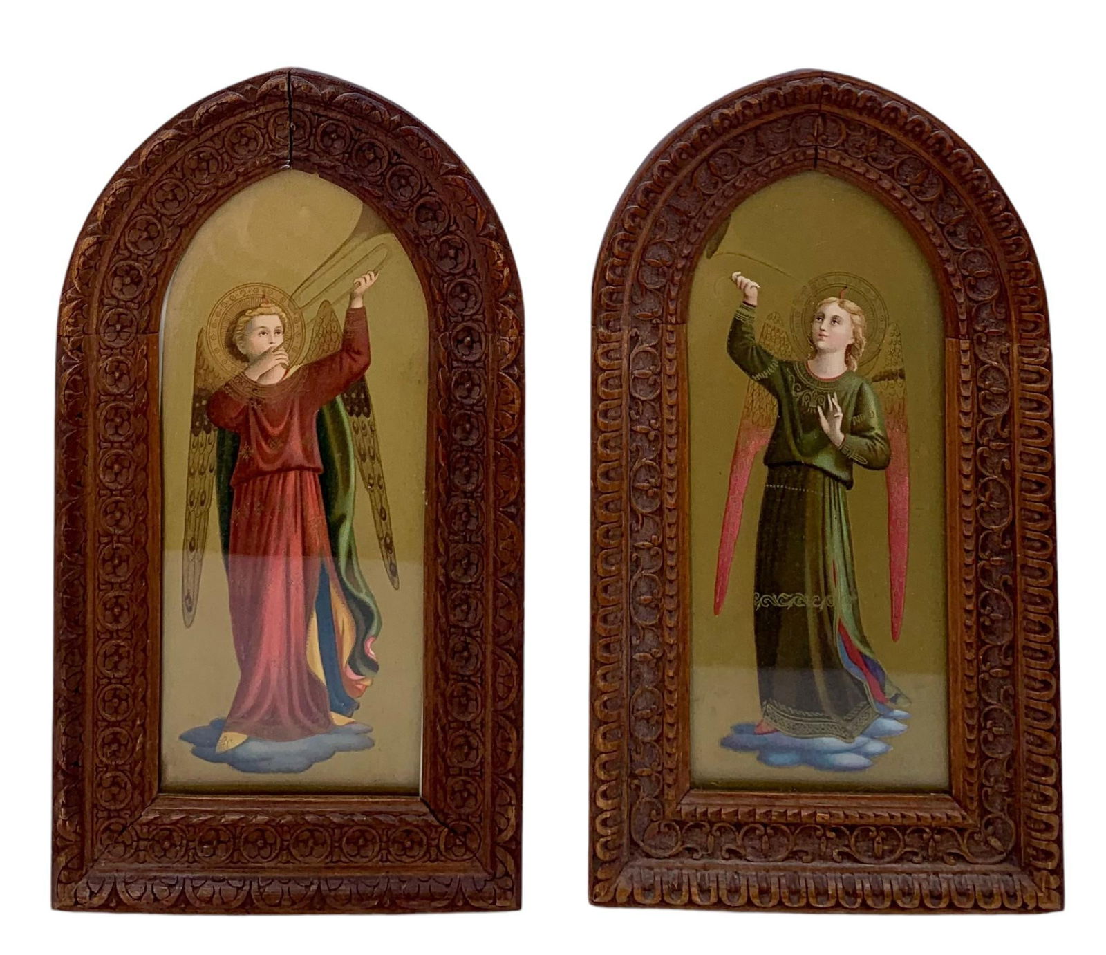 Pair Italian Florentine Fra Angelico Cathedral Framed Gilded Angel Lithographs (1 of 6)