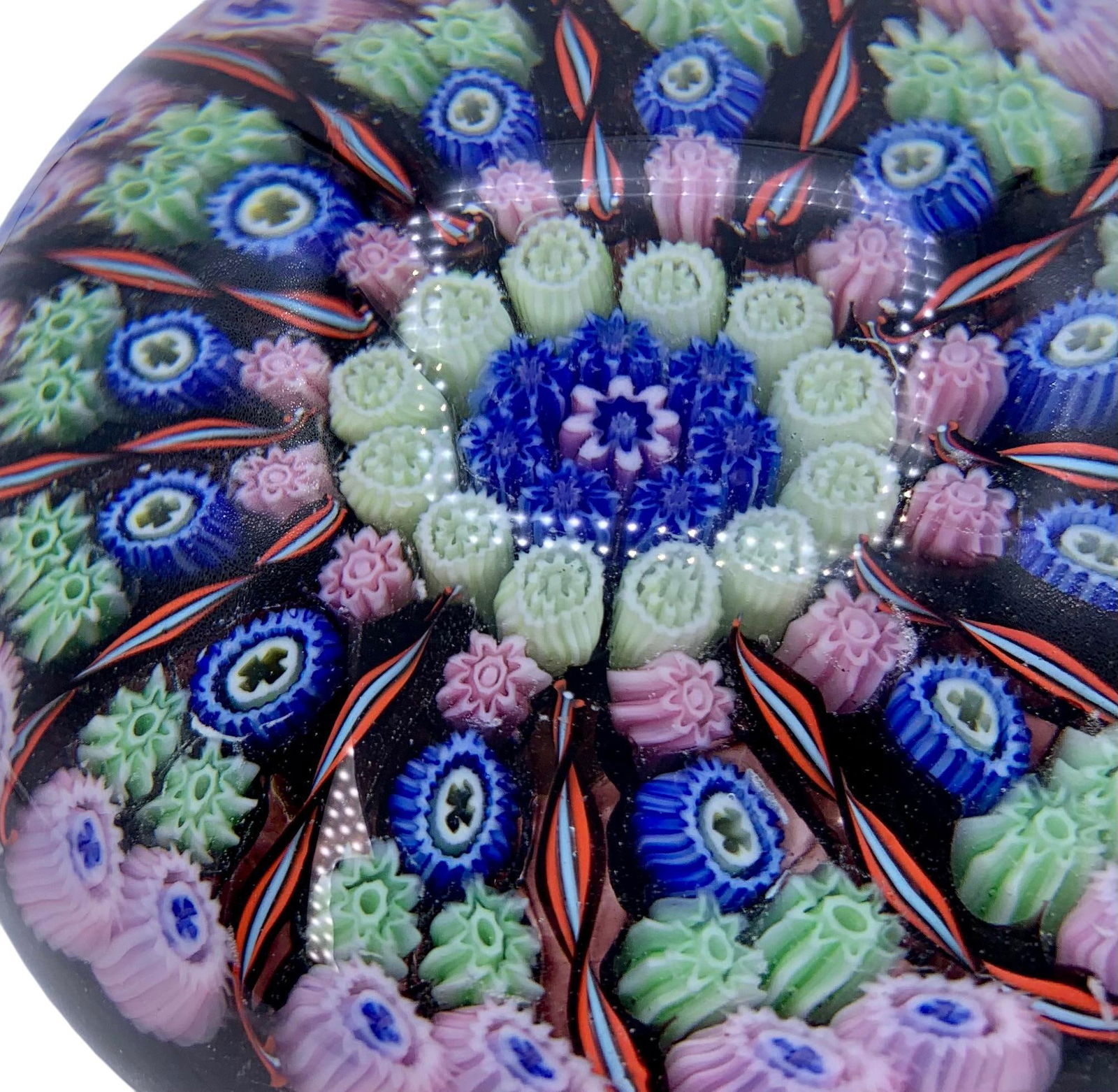 Perthshire 12 Spoke Twist Millefiori Cane Scottish Garnet CRIEFF Paperweight: Fantastic design and craftsmanship, paper label on underside, 3" x 1 7/8", no structural issues.