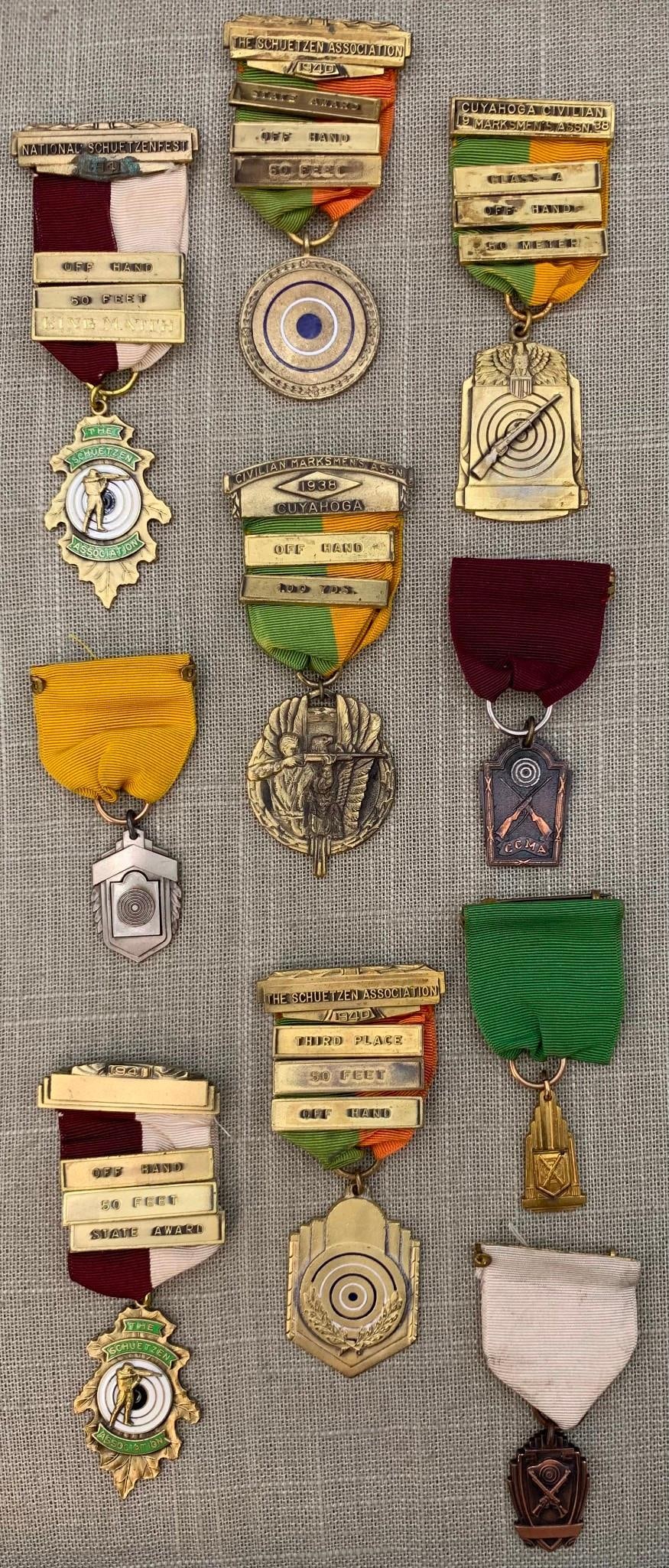 Ten 1930s Marksman Shooting Ribbon Badge Pins (1 of 3)