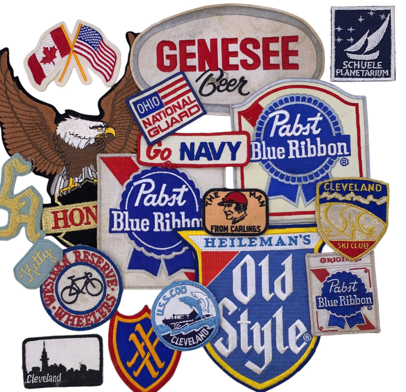 15 pc Vintage Beer, Harley Motorcycle & Local Cleveland Jacket Patches: 3" to 10", varied sizes and designs, vivid coloring.