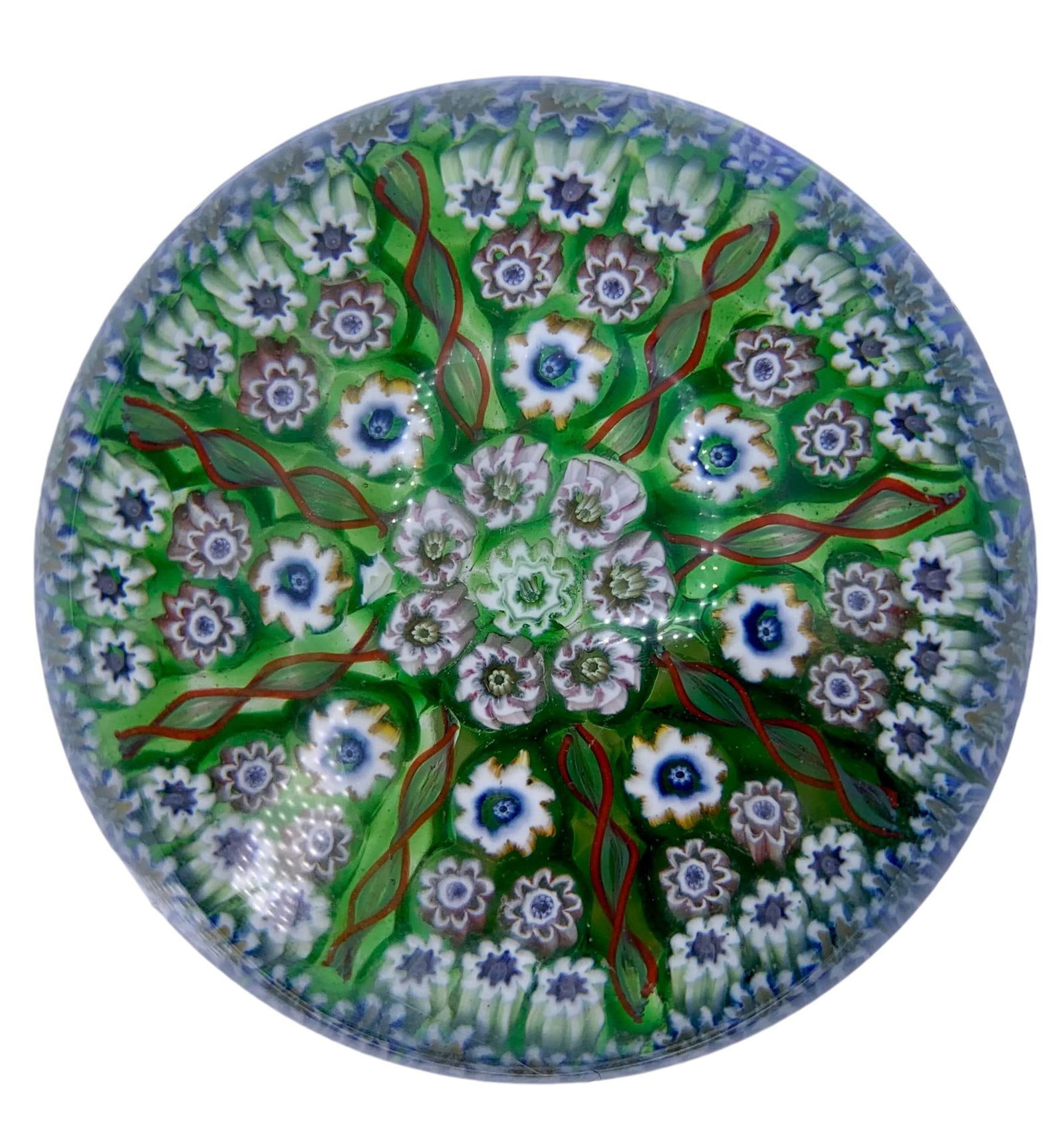 Perthshire 8 Spoke Twist & Millefiori Cane Emerald Scottish CRIEFF Paperweight: 2 3/8" x 1 7/8", paper label on the underside, no structural issues.