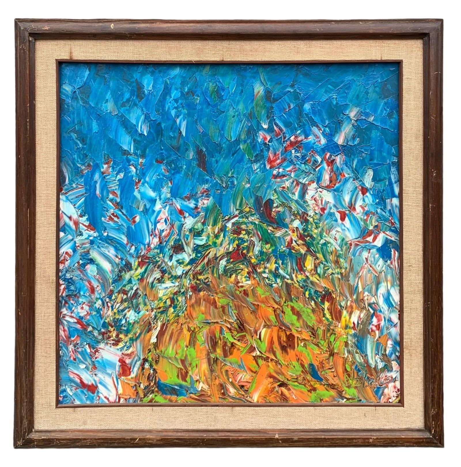 Mid Century Original Artist Signed BOTELLO Oil on Board Painting: 29" x 29", burlap trimmed wood frame, signed at lower right.