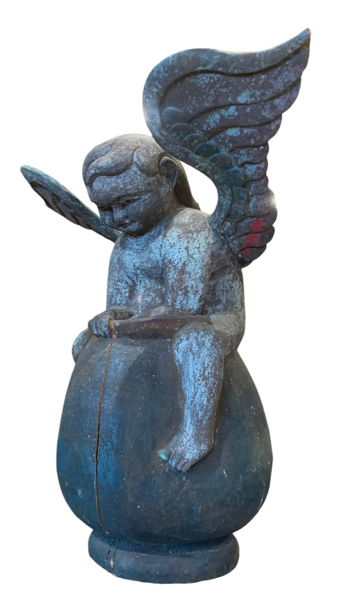 Incredible Balinese Carved Wood Seated Winged Cherub Conservatory Sculpture (1 of 10)