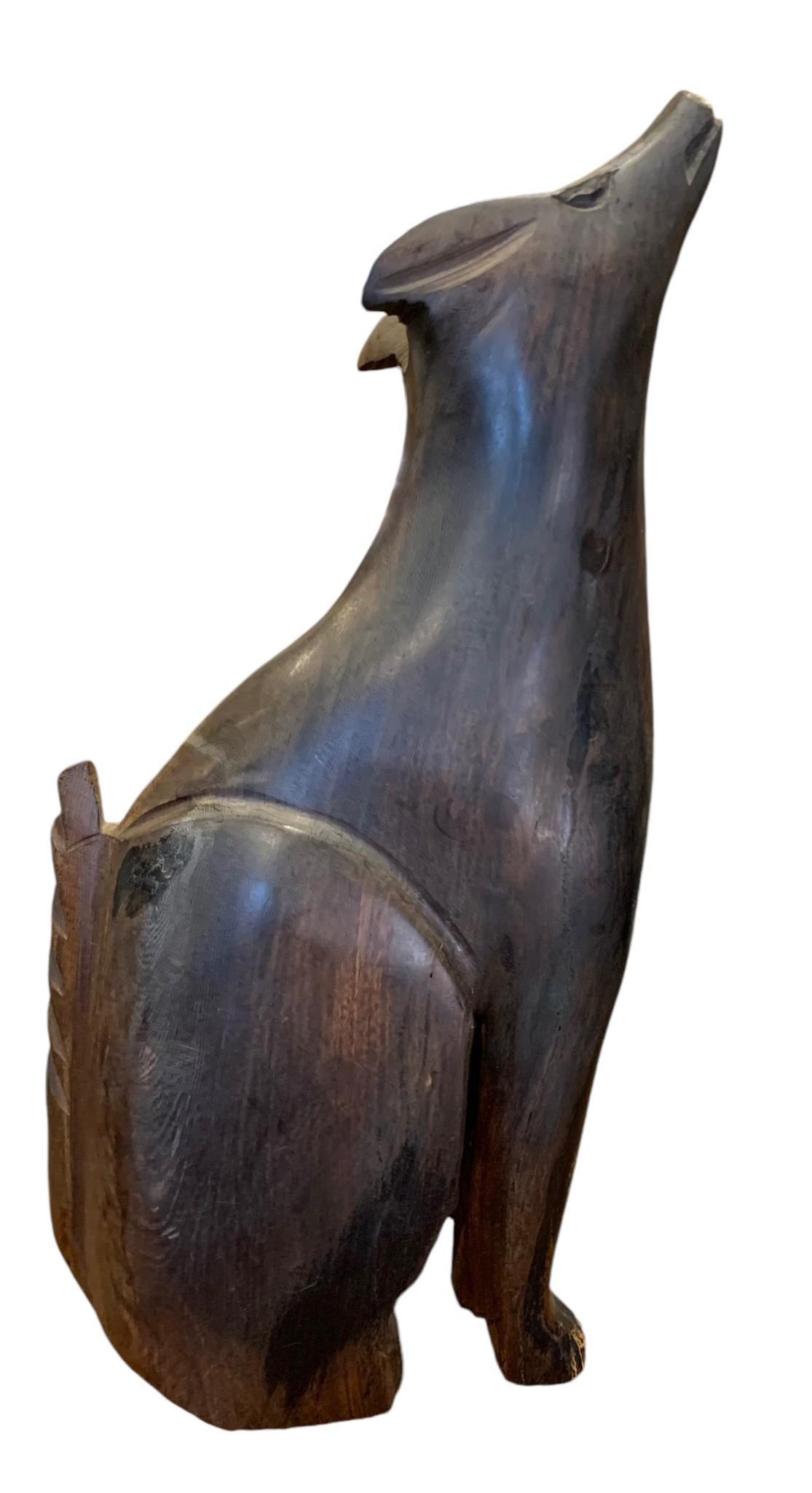 Exotic Hand Carved Ebony Wood Howling Wolf, Coyote, Sculpture: 10" x 6" x 3", weighty, smooth faced wood, structurally sound.