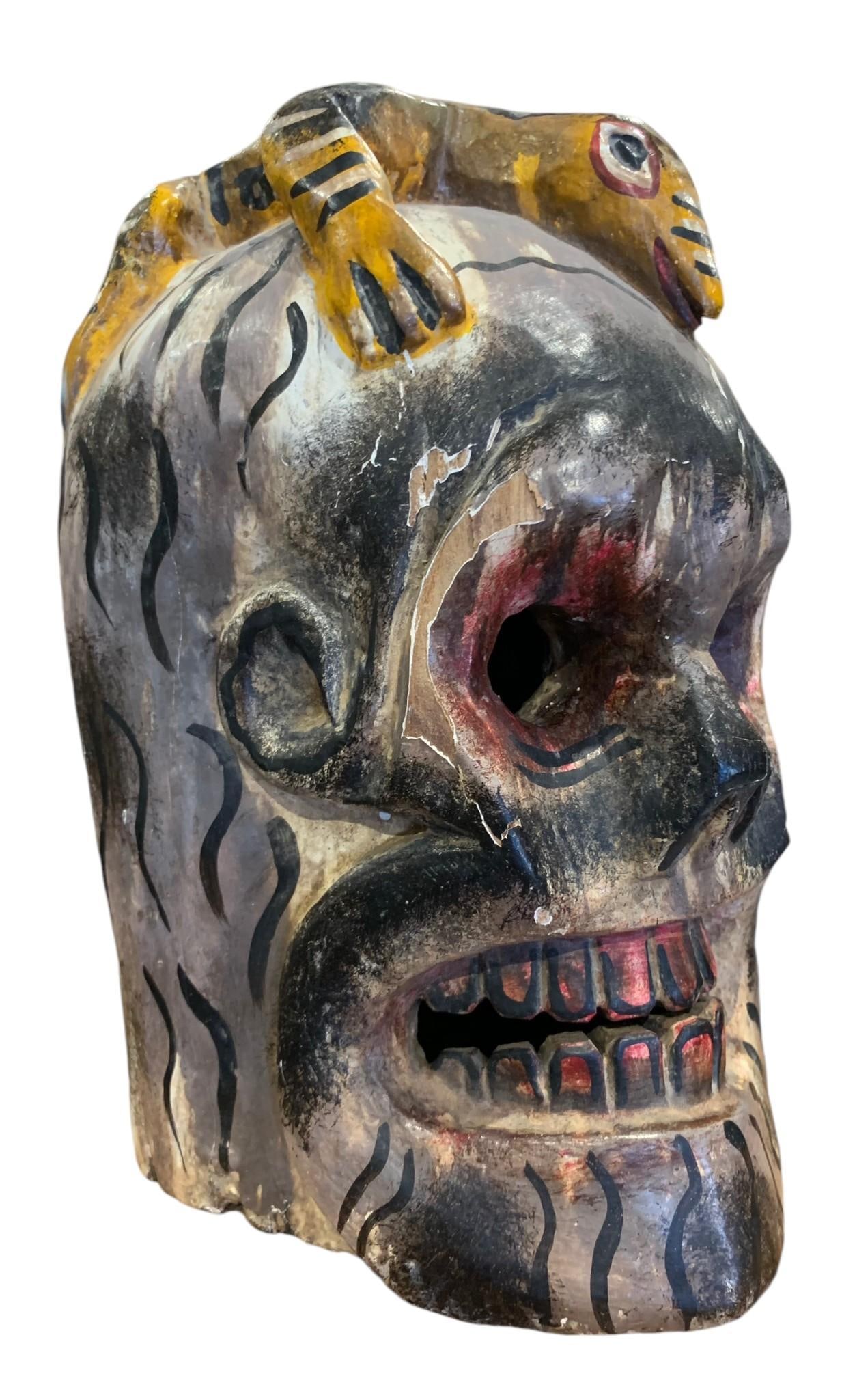 1960's Mexican Carved Wood Skull & Reptile Effigy Carnival Full Head Mask Sculpture (1 of 6)