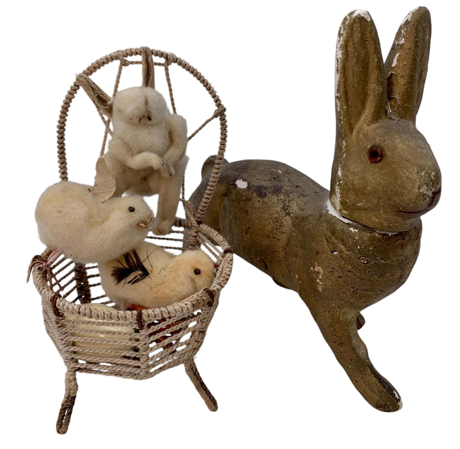 Early Plaster Easter Candy Bunny Container & Spun Wool Chick & Rabbit Basket (1 of 8)