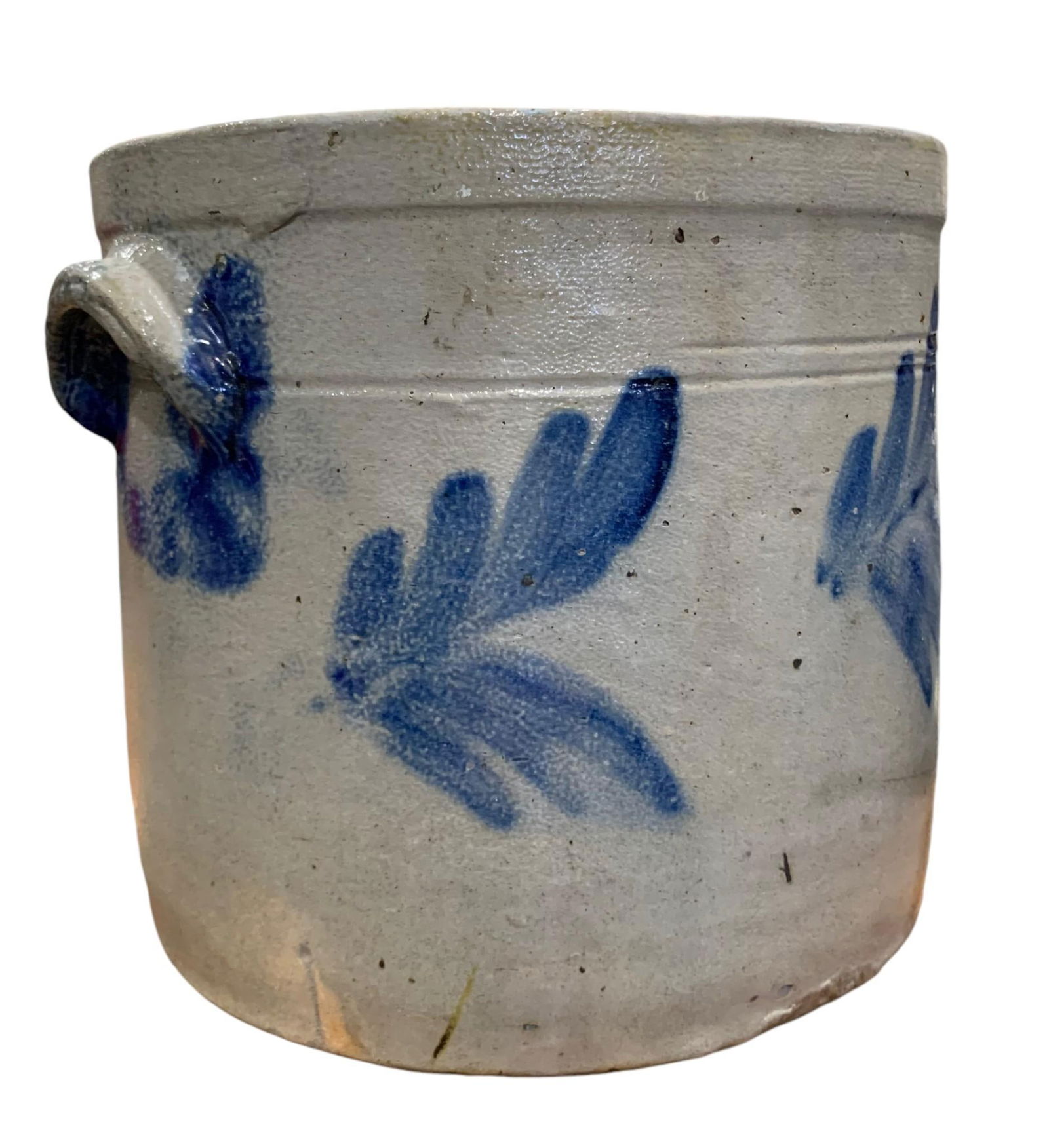 Early Redware Salt Glazed Cobalt Fern Leaf Handled Farmhouse Crock: 9 1/2" x 7 1/2", age and wear with a great patina, hefty in weight.