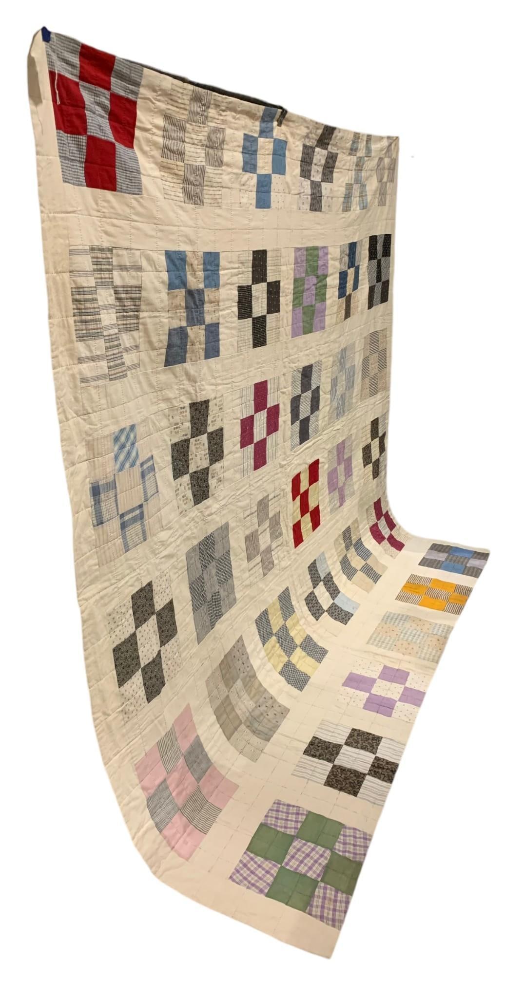 Early Hand Stitched 9 Patch Quilt Block 88?? Bed Quilt (1 of 8)