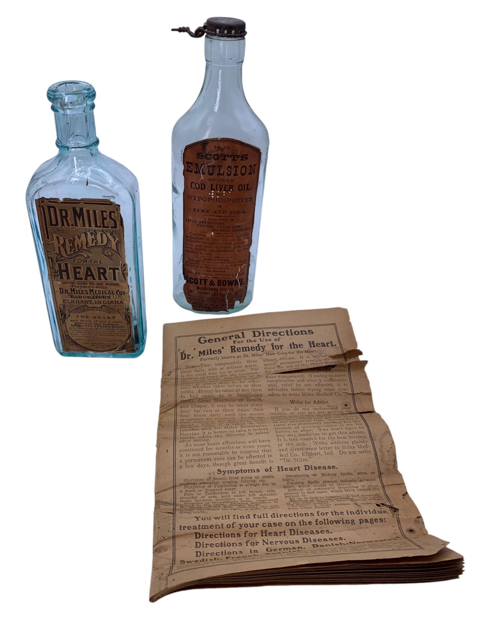 2 pc Early Quack Medicine Remedy Bottles with Dr. Miles Heart Elixer Pamphlet (1 of 7)