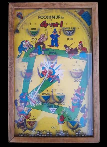 1940s Poosh-M-Up Jr. 4 in 1 Badeball Pinball Game: 17" x 11", vivid coloring, glass face, light age and wear to the materials.